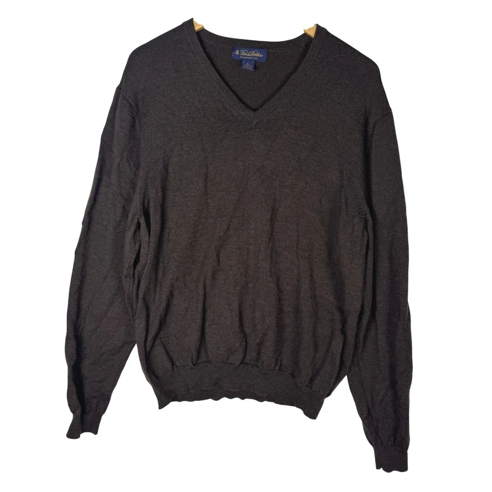 Brooks Brothers Mens Tech‎ Merino Wool V-Neck Sweater Brown Large RN93986